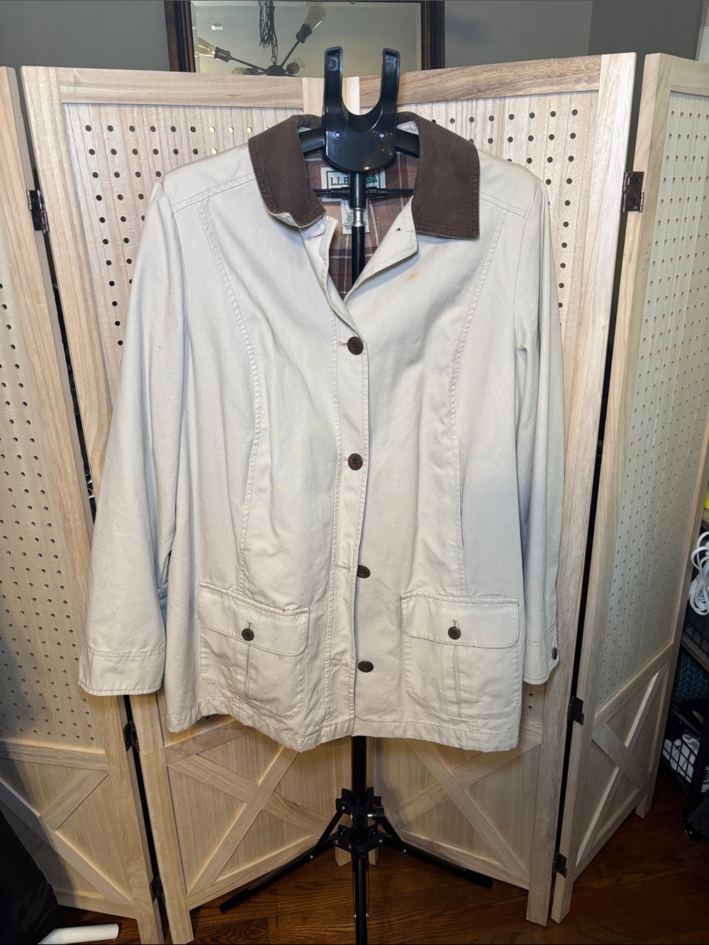 L.L. Bean Women's Cream Barn Jacket Chore Coat with Brown Corduroy Collar